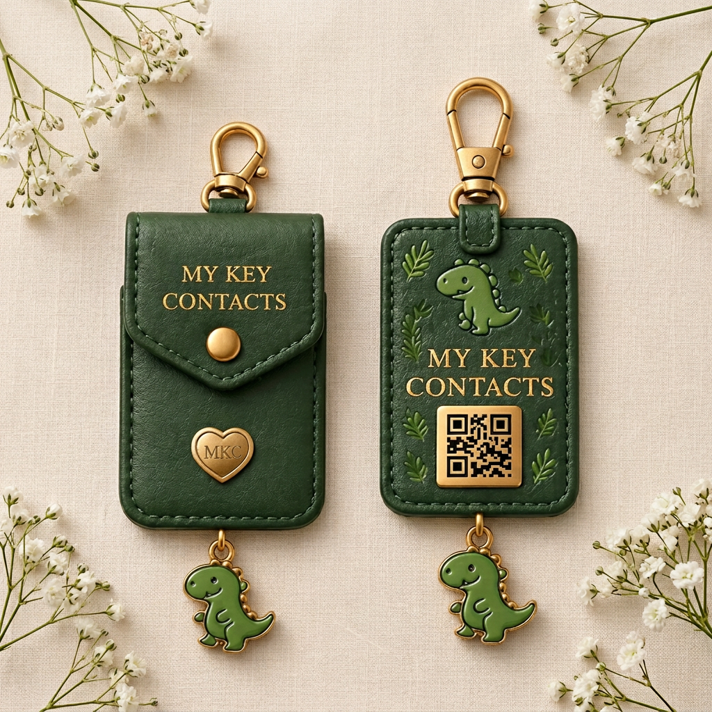 Green leather MKC clip-on tags with dinosaur charms