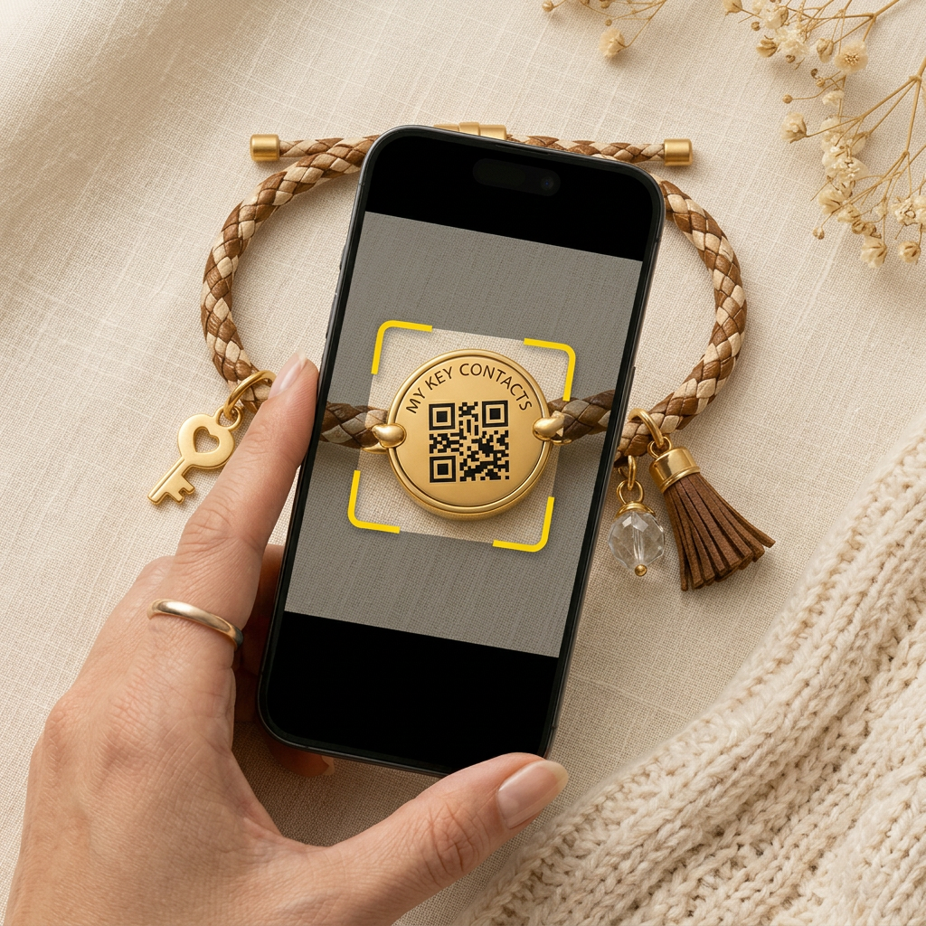 Phone scanning a QR code on a gold MKC keyring